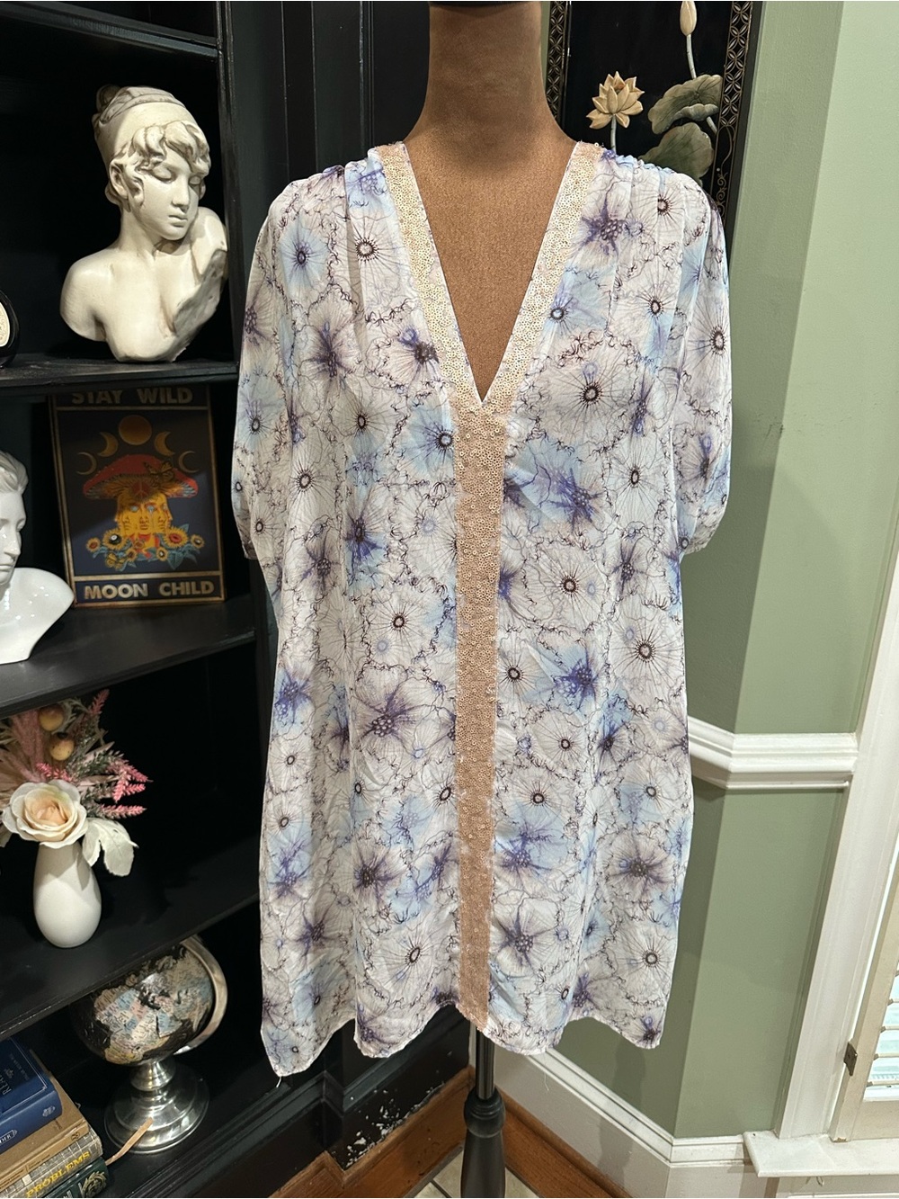 One September “Lyla” Sheer Sequin Floral Tunic – One Size (Fits XS–XL)